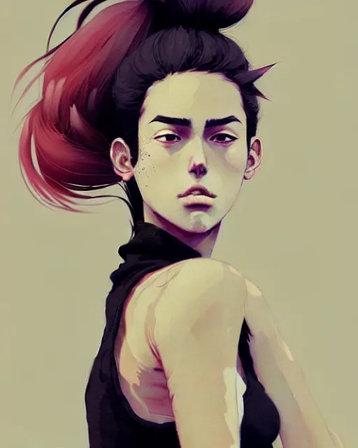 Prompt: a ultradetailed beautiful painting of a stylish woman, she is wearing a black tank top and jeans, her hair is in a pony tail, by conrad roset, greg rutkowski and makoto shinkai trending on artstation