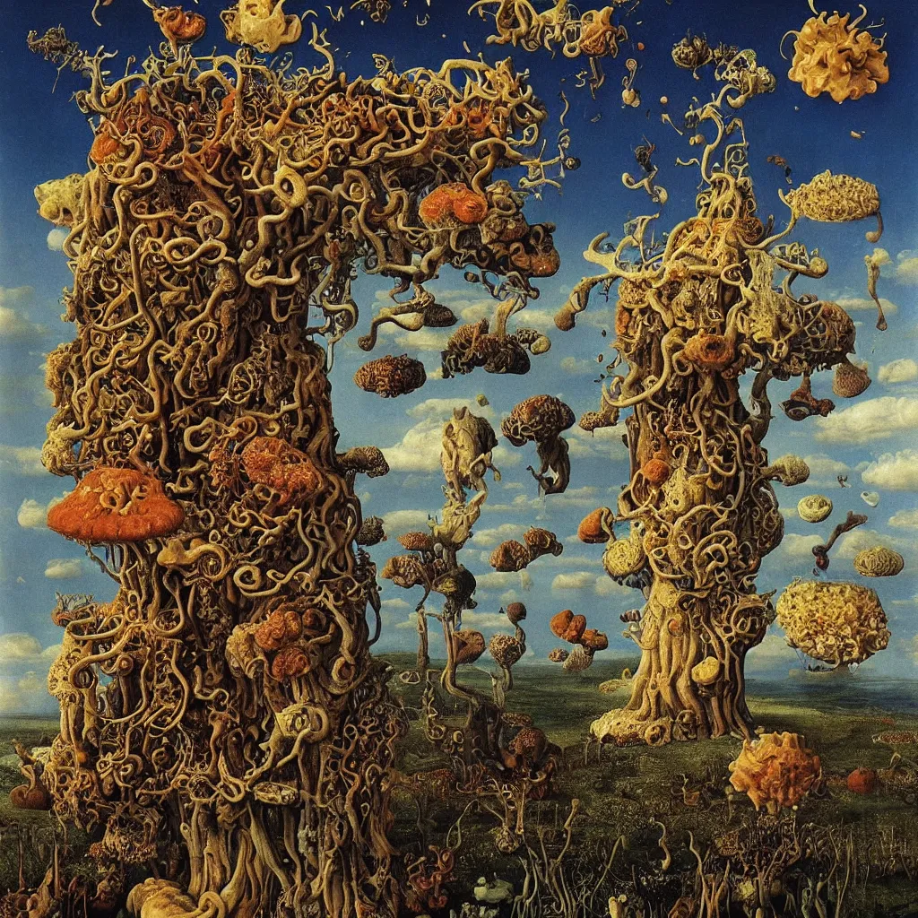 Prompt: a single colorful! ( lovecraftian ) fungus tower white! clear empty sky, a high contrast!! ultradetailed photorealistic painting by jan van eyck, audubon, rene magritte, agnes pelton, max ernst, walton ford, andreas achenbach, ernst haeckel, hard lighting, masterpiece