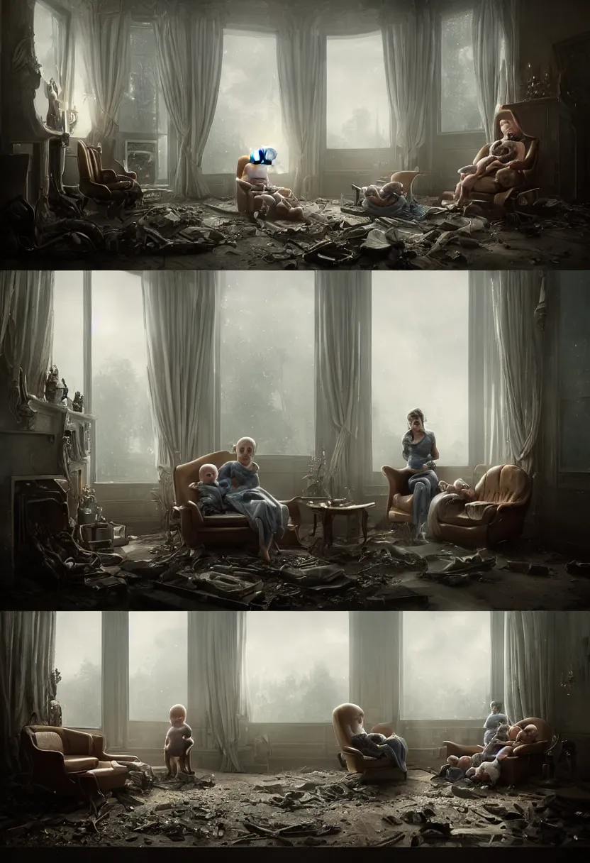 Prompt: An award-winning highly detailed 8k anamorphic medium shot cinematic movie photograph of a sad futuristic humanoid robot seated on a fainting couch holding a baby in front of a roaring fireplace in a post-apocalyptic Victorian home, blue early morning light from the window, with cinematic lighting and lens flare, tall ceiling, by Simon Stalenhag and Gregory Crewdson and Alfonso Cuaron