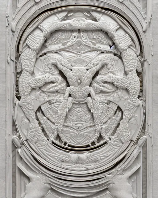 Prompt: symmetry, white white marble, white white marble bas relief sculpture, white white and gold kintsugi, crack patterns, feminine shapes, crabs, spiders, scorpions, tarantulas, stunning, highly detailed, intricately detailed, octane, 8 k, trending on artstation