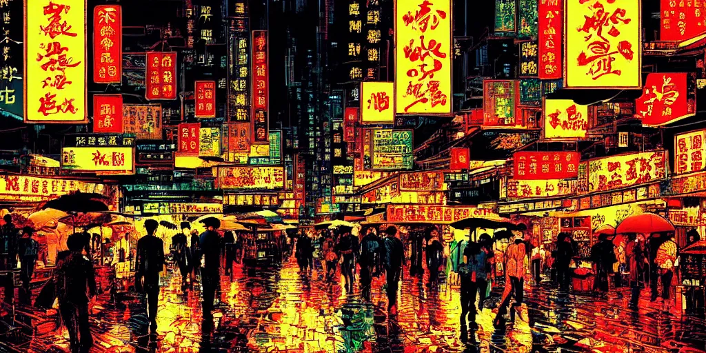 Image similar to artwork of a hong kong street, wong kar - wai, by dan mumford and toshi yoshida and peter doig, vintage scifi, highly detailed, dramatic lighting, 8 k