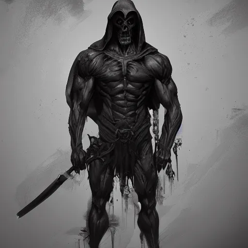 Image similar to Grim Reaper, creepy, muscled, horror, artstation