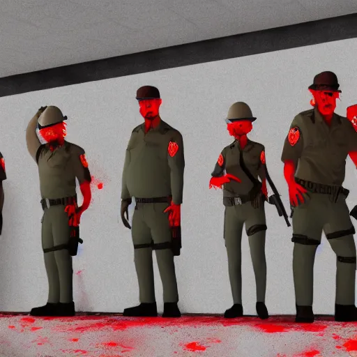 Prompt: zombie police officers ( beige uniform and caps ) wield ( uzis ) in ( brutalist concrete office ) ( glowing red skin ) trending on artstation high detail digital painting 4 k 8 k hd