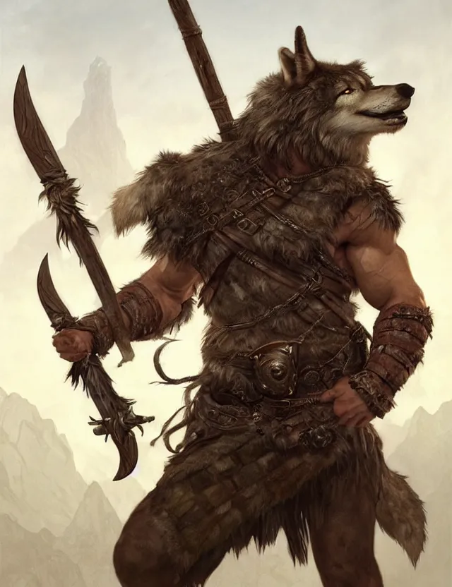 Image similar to full body portrait of a gruff ranger with a spear, wolf pelt on his head, muscular, handsome face, hairy body, D&D, fantasy, intricate, elegant, highly detailed, digital painting, artstation, concept art, matte, sharp focus, illustration, art by Artgerm and Greg Rutkowski and Alphonse Mucha