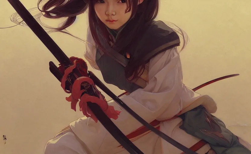 Image similar to Japanese shool girl holding a katana, sci-fi, highly detailed, digital painting, artstation, concept art, smooth, sharp focus, illustration, art by artgerm and greg rutkowski and alphonse mucha