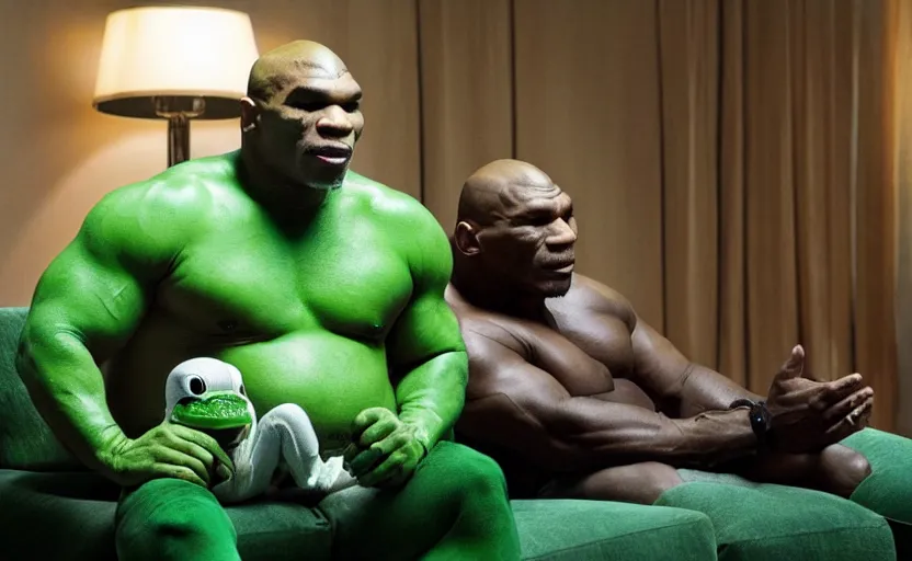 Prompt: a giant green toad sitting with mike tyson in a large clean hotel room, on a couch, movie directed by martin scorsese and christopher nolan, masterpiece, 8 h