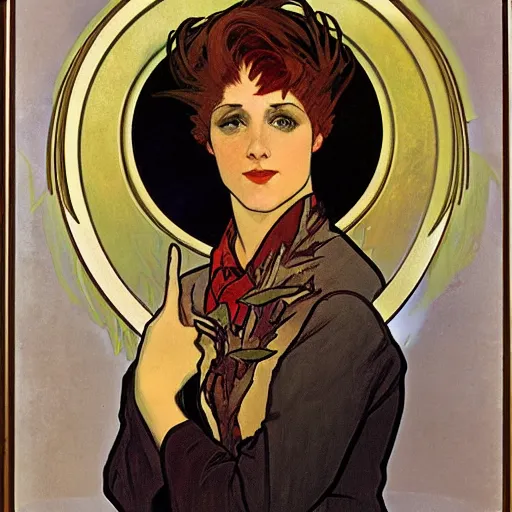 Image similar to portrait of a nonbinary actor with tanned skin and spiky short red hair wearing a men's suit, she has elf ears and gold eyes, by Alphonse Mucha and Grant Wood