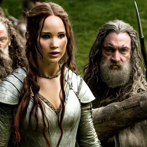 Image similar to first photos of 2 0 2 4 female lotr remake show 3 starts - jennifer lawrence as aragorn, megan fox as aragorn and florence pugh as gimli, ( eos 5 ds r, iso 1 0 0, f / 8, 1 / 1 2 5, 8 4 mm, postprocessed, 4 k )