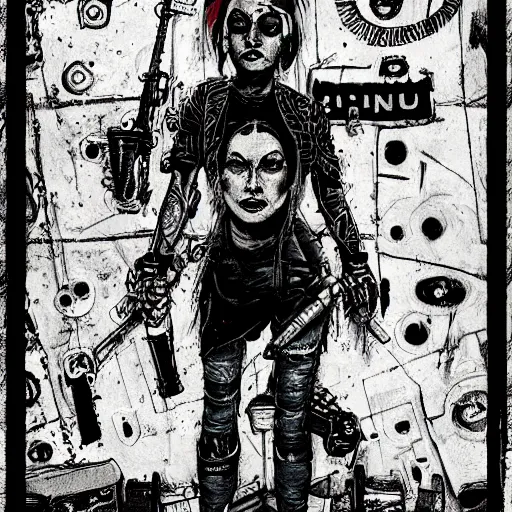 Image similar to punk album cover, black, white, orange, psychedelic, in the style of enki bilal, tank girl