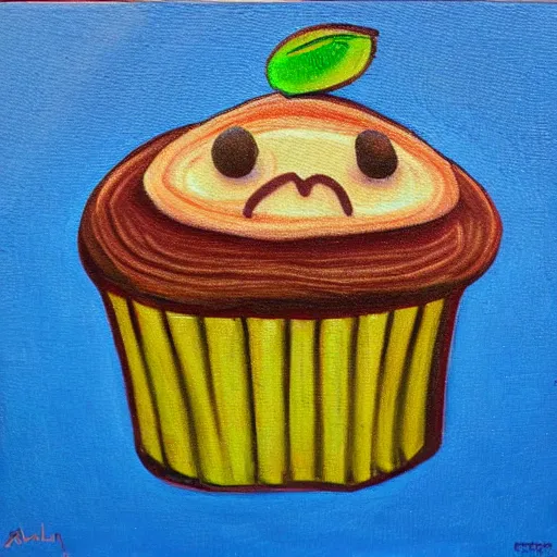 Prompt: A humanoid tasty looking cupcake with bushy eyebrows and grumpy face, blue light, extra detailed, oil painting, by MARGARET ANN EDEN, in the style of Bramley Apple (1995)
