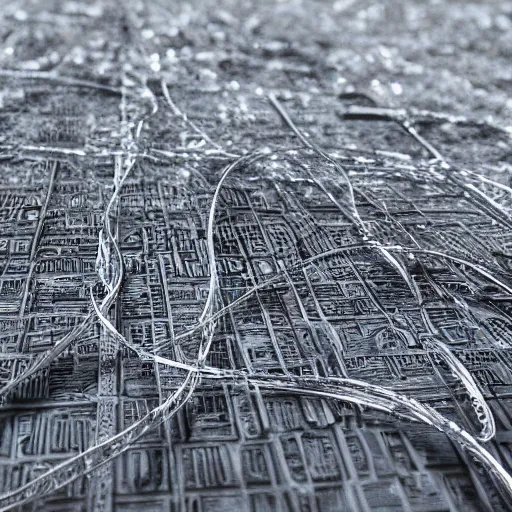 Image similar to photorealistic, hdr, highly detailed, 4 k, city made out of shiny silver wire