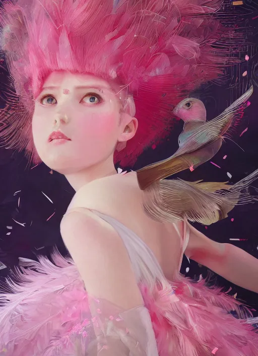 Image similar to beautiful little girl with an pink eccentric haircut wearing an dress made of feathers dancing on stage, artwork made by ilya kuvshinov, inspired in donato giancola, hd, ultra realistic, reflection, flowers, light, realistic face, bird tattoo, trending on pixiv, 8 k, ray tracing