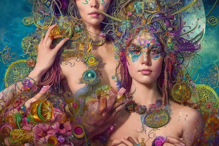 Prompt: a centered full body render of alluring goddess festival hippies with retro futuristic adornments surrounded by a underwater ink pour and flowing liquid galium and sacred geometry, perfect face, powerful, cinematic, beautifully lit, by artgerm, by karol bak, by donato giancola, 3 d, trending on artstation, octane render, 8 k