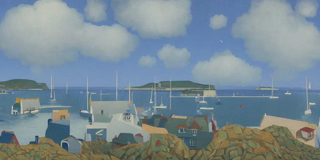 Prompt: a painting of the harbour at Herm, Channel islands, small houses, boats, sea, stormy clouds, by René Magritte