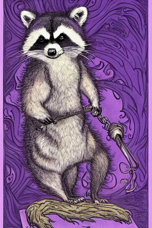 Image similar to purple stelar raccoon in the style of Rebecca Guay, high resolution 4k