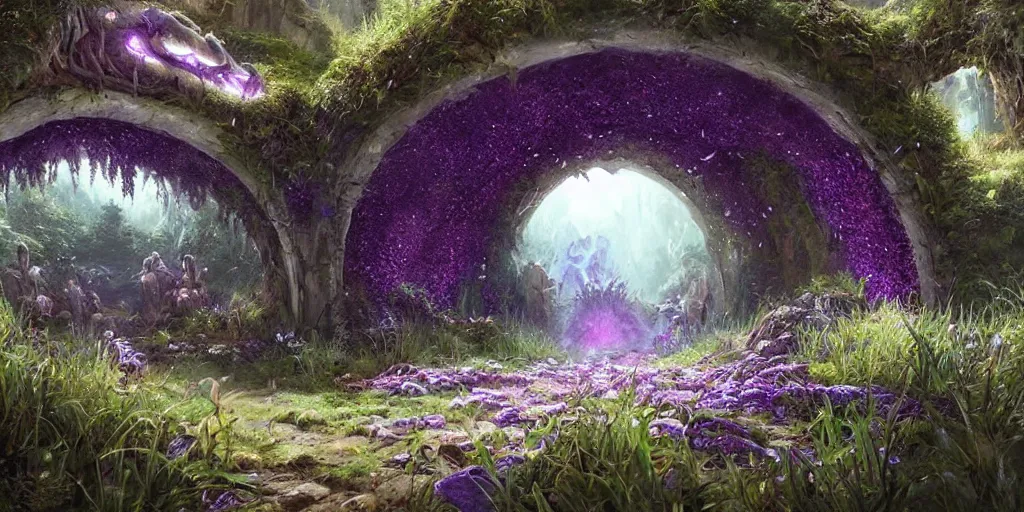 Prompt: beautiful hyper realistic zergling tunnel filled with purple crystals, overgrowth of grass, plants, mushrooms, beautiful painting by greg rutkowski set in lord of the rings, starcraft, atmosphere, ethereal, magic, amazing, positive vibes