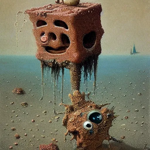 Image similar to dessicated spongebob rotting at the bottom of the sea beksinski