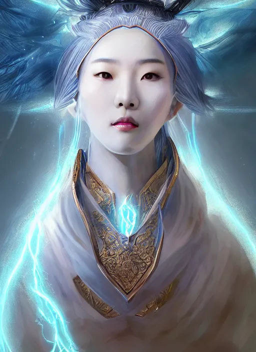 Image similar to close-up of character concept portrait of Korean Goddess from Kpop idol conjuring a violent void multiversal musical note, a floating iridescent lightning and thunder music from God of War in the center, intricate, elegant, digital painting, concept art, smooth, sharp focus, illustration, by WLOP and Ruan Jia and Mandy Jurgens and William-Adolphe Bouguereau, Artgerm