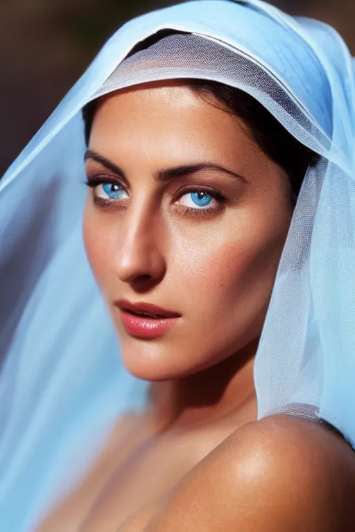 Image similar to young Monica Belluci as an Arab woman, tanned skintone, bright blue eyes, white transparent veil, headscarf, model face, light blue decent dress, closeup portrait, focus