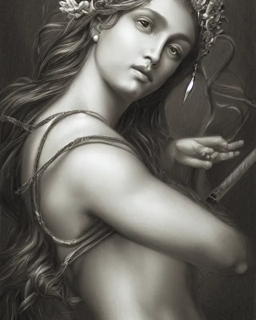 Prompt: pencil drawing of the very beautiful greek goddess aphrodite wearing a laurel wreath with arrowhead earrings, piercing eyes, beautiful flowing hair, hyper realistic face, in the style of greg rutkowski, fantasy, amazing detail, epic, elegant, smooth, sharp focus