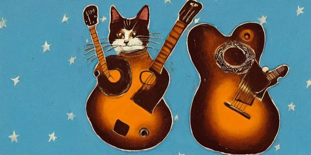 Prompt: a cat with the body of a guitar, a big star, a blue sky