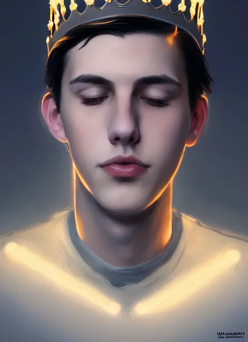 Image similar to portrait of teenage jughead jones wearing a light grey crown, photorealistic, crown, eyes closed, crown, black hair, intricate, elegant, glowing lights, highly detailed, digital painting, artstation, concept art, smooth, sharp focus, illustration, art by wlop, mars ravelo and greg rutkowski