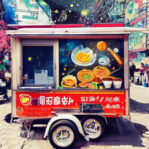 Prompt: a ramen foodcart on an asteroid at the end of the universe, cosmic and colorful, painting