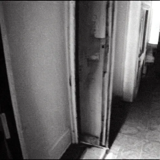 Image similar to old camcorder footage of a ghost in the hallway of an apartment