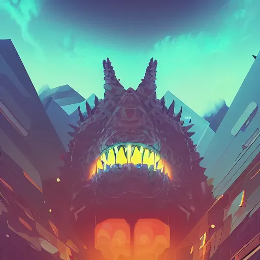 Prompt: a portrait of godzilla with sunglasses in front of the camera, beeple and james jean, aya takano color style, 8 k, super detailed, night sky, digital art, digital painting, celestial, majestic, colorful, front