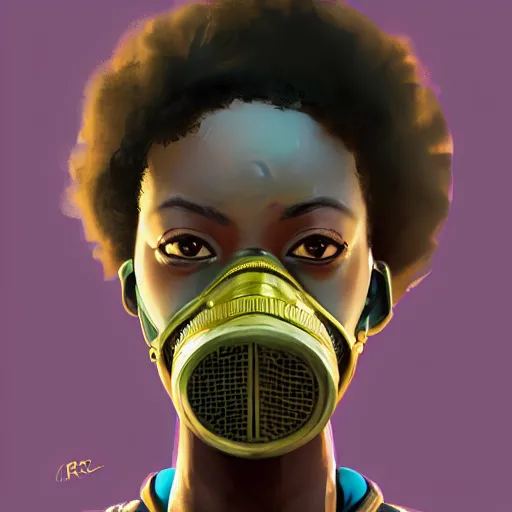 Image similar to a young black girl with afro puffs wearing a gas mask, Apex Legends character, digital illustration portrait design, by android jones and greg rutkowski, retrowave color scheme, detailed, cinematic lighting, wide angle action dynamic portrait