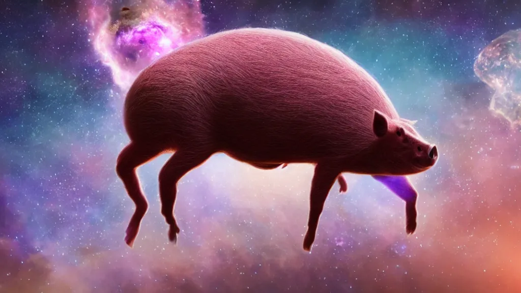 Image similar to spider pig hybrid on a planet. close bottom view. whole body. nebula background. cinematic composition. cinematic lightning. ultra realistic. 8 k. highly detailled. deep space. ultra realistic details. cinematic atmosphere. studio lighting. shadows. dark background.