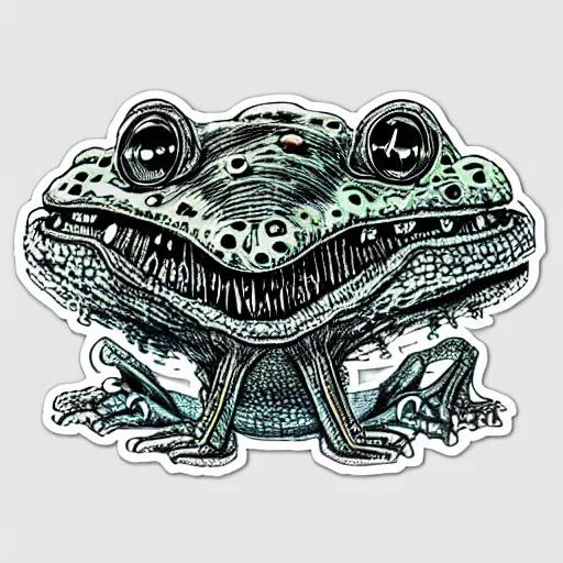 Image similar to closeup of an adorable, eldritch frog abomination of unimaginable horror by h. r. giger and junji ito, speculative evolution, psychedelic illustration, op art, sticker illustration