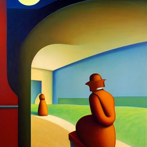 Image similar to sci - fi space ship rounded corridor, grant wood, pj crook, edward hopper, oil on canvas