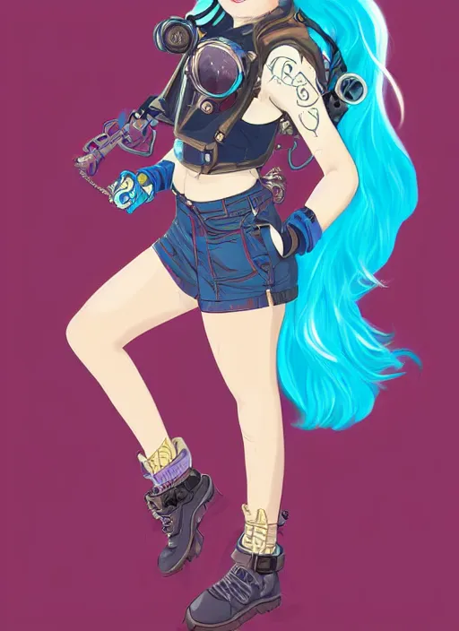 Prompt: painting of a teenage girl with swept back wild blue hair, fashionable, windy, steampunk, reflective goggles, smirking, full body, flat color solid background color, sharp focus, award - winning, cinematic pose, cinematic lighting, trending on artstation, masterpiece, highly detailed, intricate. art by josan gonzales and moebius and deathburger