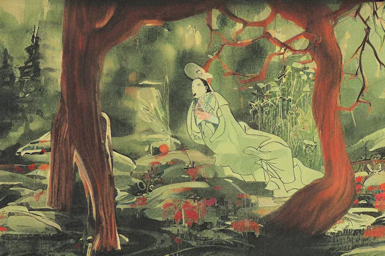 Prompt: a painting of a character in a scenic environment by nobuhiko obayashi