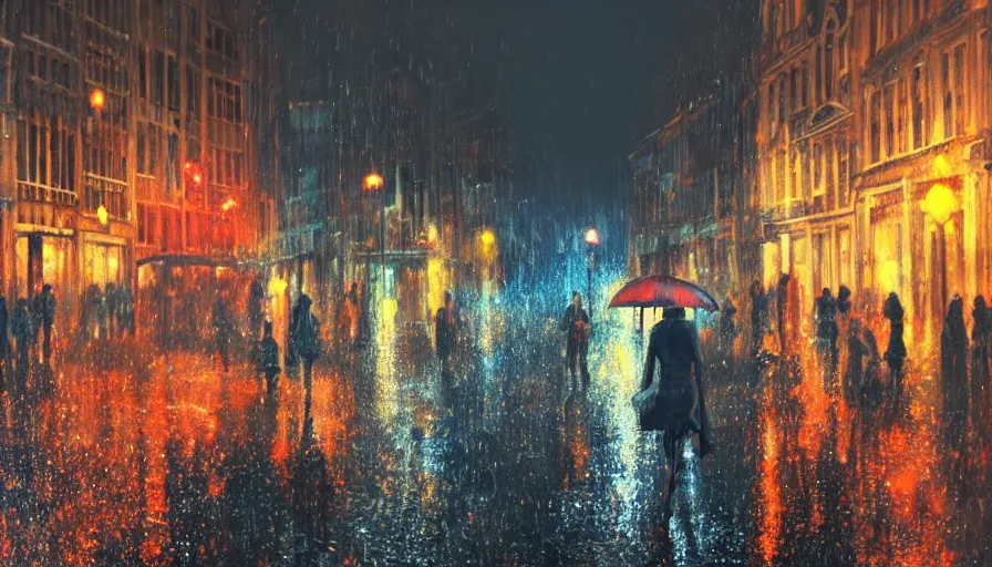 Image similar to brussels at rainy night, neons, lights, wet ground, people with umbrellas, hyperdetailed, artstation, cgsociety, 8 k