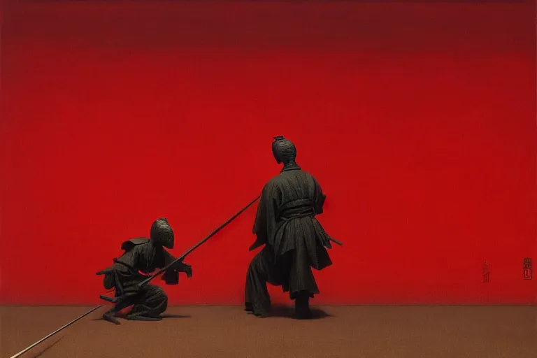 Image similar to only with red, a red samurai do seppuku, tokio, a lot of frogs watch, in the style of beksinski, parts by edward hopper, parts by rodcenko, parts by yue minjun, intricate and epic composition, red by caravaggio, insanely quality, highly detailed, masterpiece, red light, artstation, 4 k