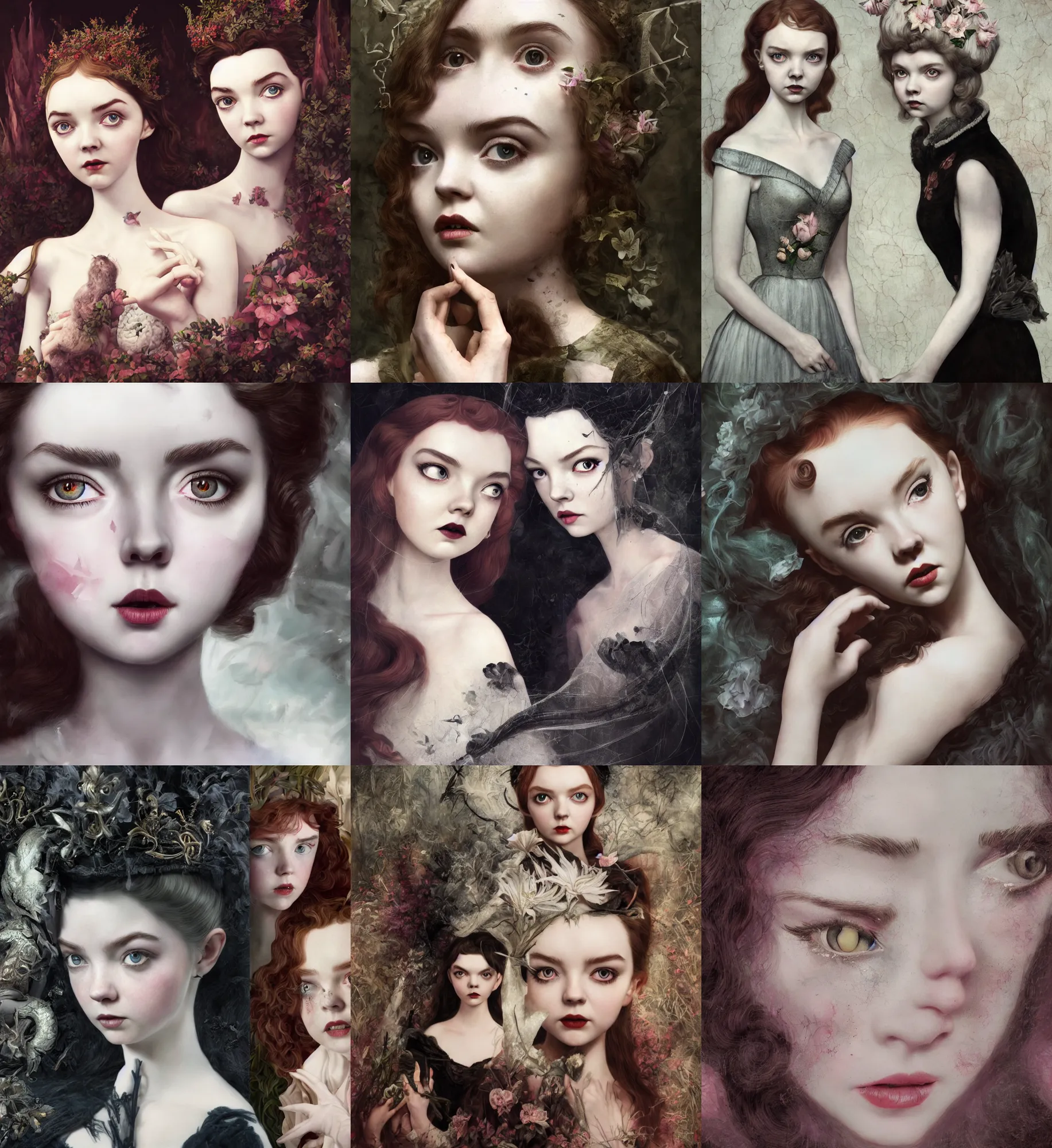 Prompt: a mix of of lily cole, anya taylor - joy and audry hepburn, evil sorceress, dark magic, evil, 1 8 th century manor, hyperrealism, 8 k, octane render, photorealistic, extremely detailed, intricate, style of mark ryden, lostfish, earl nore, hyung tae, frank frazetta