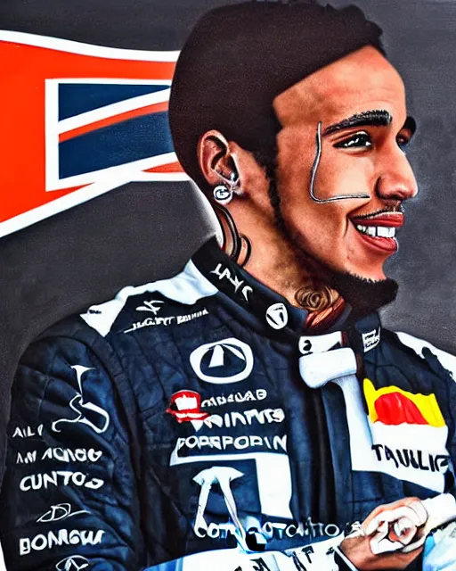 Prompt: a detailed caricature of Lewis Hamilton