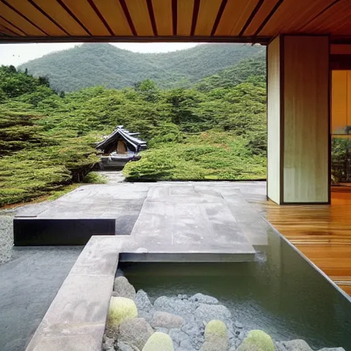 Prompt: “extravagant luxury mountain home, in Hakone, by Tadao Ando, modern rustic, rotenburo, water feature, bonsai”