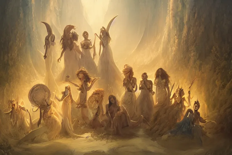 Image similar to the muses. sacred singers they who took up the strings of the deep, and turned the cacophony of an angry world into songs of unity and peace. morning lighting, cinematic fantasy painting, dungeons and dragons, jessica rossier and brian froud