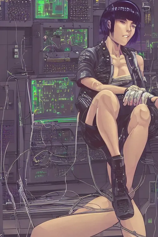 Image similar to hypedetailed cyberpunk illustration of motoko kusanagi seated on her knees in a tech lab, with wires and cables coming out of her head and back, by masamune shirow and katsuhiro otomo, colorful, complex, back view