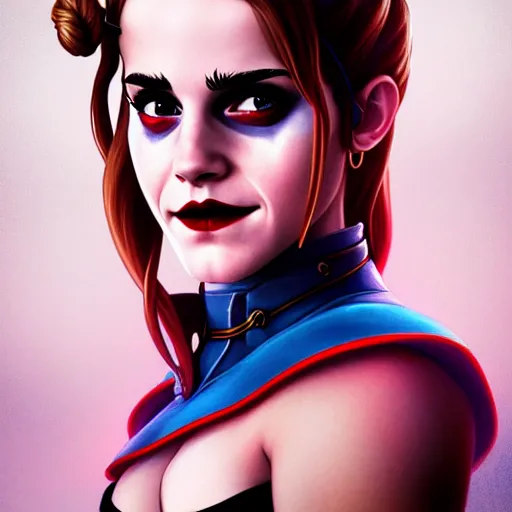 Prompt: Beautiful Emma Watson as Harley Quinn, western, D&D, fantasy, intricate, elegant, highly detailed, digital painting, artstation, concept art, matte, sharp focus, illustration, art by Artgerm and Greg Rutkowski and Alphonse Mucha