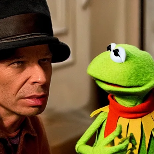 Prompt: kermit in coffee and cigarretes movie by jim jarmusch