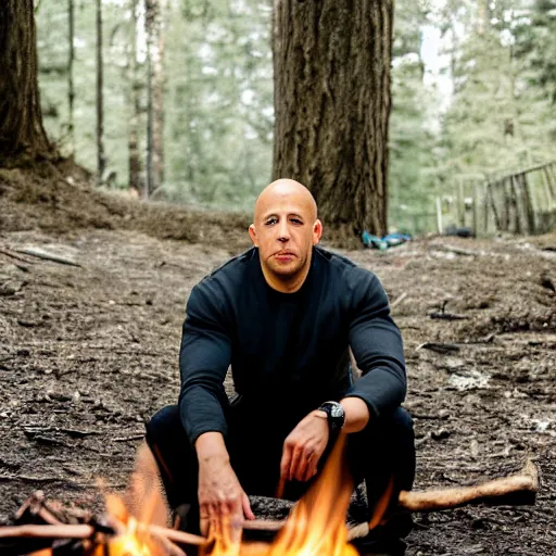 Image similar to vin diesel sitting near a bonfire at night in the woods, canon eos r 3, f / 1. 4, iso 2 0 0, 1 / 1 6 0 s, 8 k, raw, unedited, symmetrical balance, in - frame