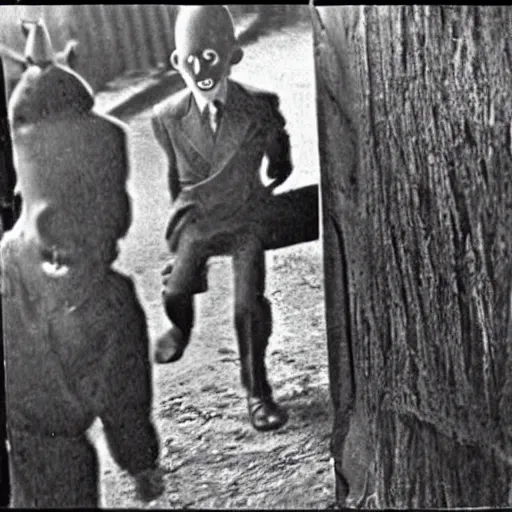 Prompt: a higly detailed album of scared children from running slenderman from the 1940s, creepy, unsettling, bad quality, cursed image