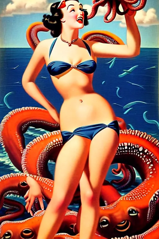 Image similar to 1940s group of pinup bikini girls being hugged by giant octopus, oil painting, by Gil Elvgren