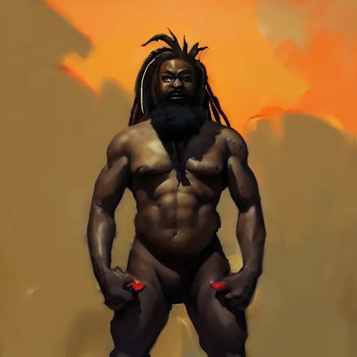 Image similar to Greg Manchess portrait painting of an afropunk villian character with facial tattoo, dreads, heavy build, medium shot, asymmetrical, profile picture, Organic Painting, sunset dark dramatic day, matte painting, bold shapes, high contrast, hard edges, street art, trending on artstation, by Huang Guangjian and Gil Elvgren and Sachin Teng