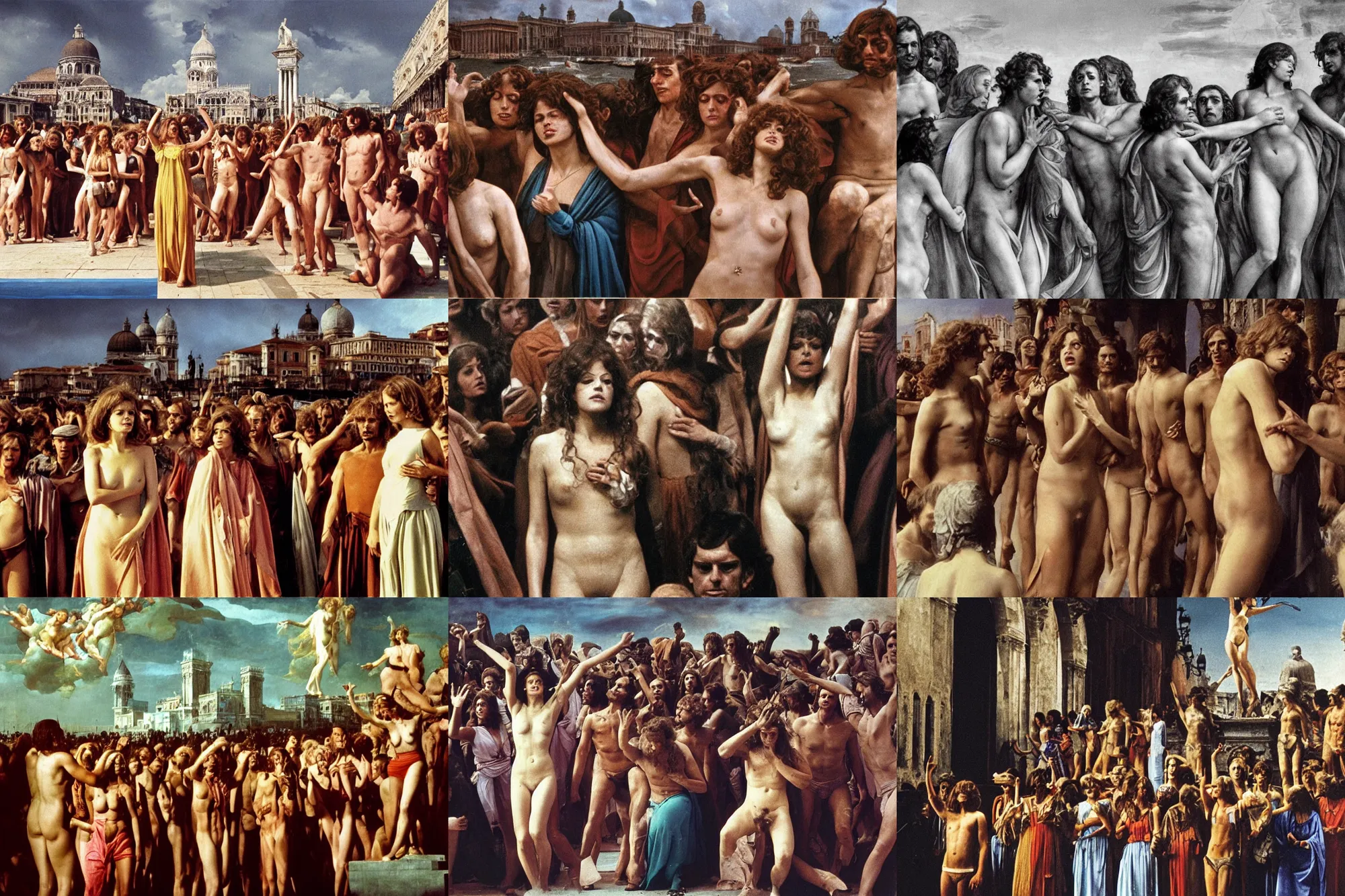 Image similar to a scene from death in venice ( 1 9 7 3 ) by luchino visconti, showing claudia cardinale leading a despaired crowd, inspired by the last judgement of michelangelo. cardinale and the crowd are in front of the venetian cityscape. cinematic, technicolor!!!, very crisped colors, intense colors, highly detailed, 5 0 mm, studio lighting