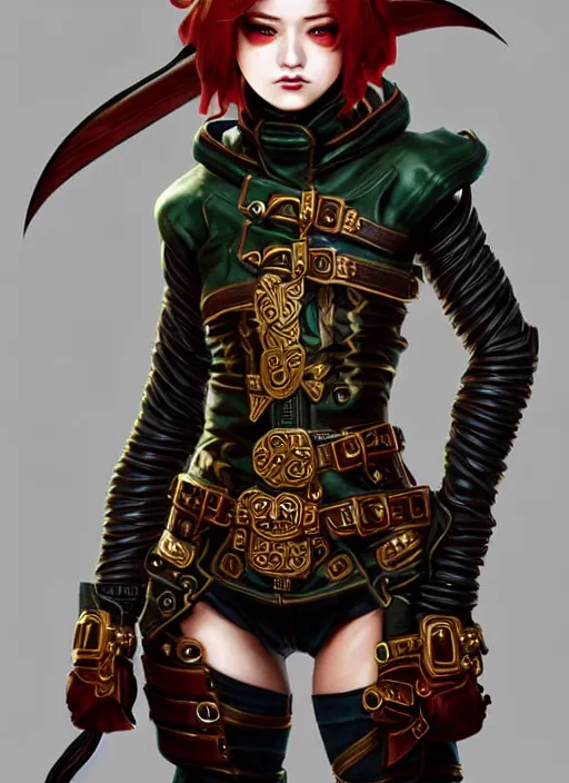 Image similar to rogue, fantasy ornate leather bandit outfit!!! beautiful and athletic short hair female!! gorgeous face and eyes!! character concept art, sharp focus, octane render! unreal engine 5! highly rendered!! trending on artstation!! detailed linework!! illustration by artgerm, chie yoshii, and wlop